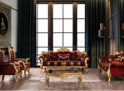 Bordeaux Red Sofa set Couch Gold Classic Furniture Table 5pcs.